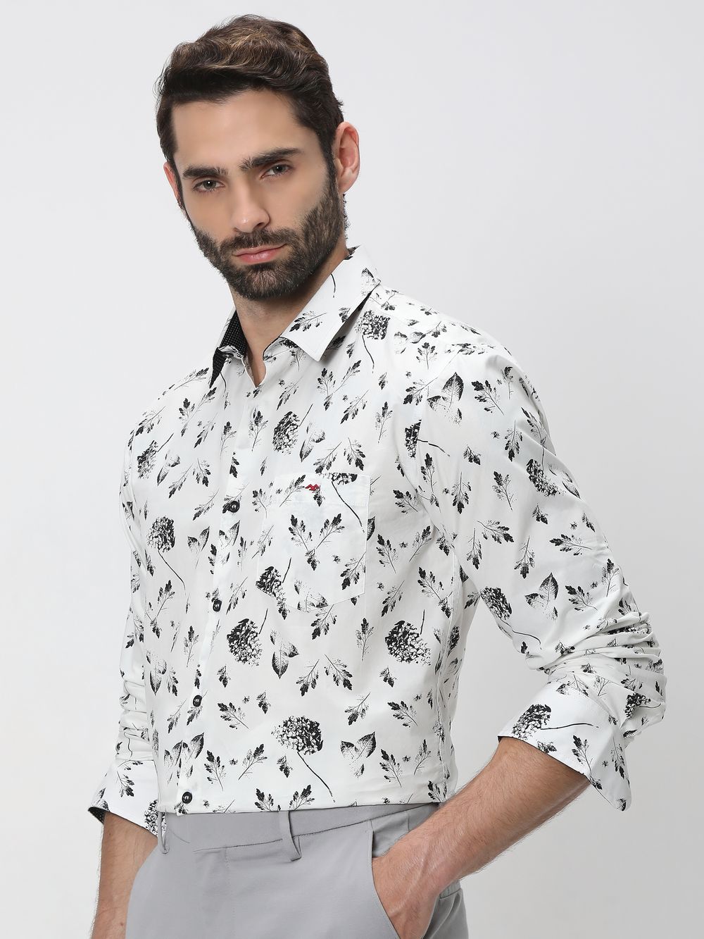 White & Black Floral Print Slim Fit Casual Shirt