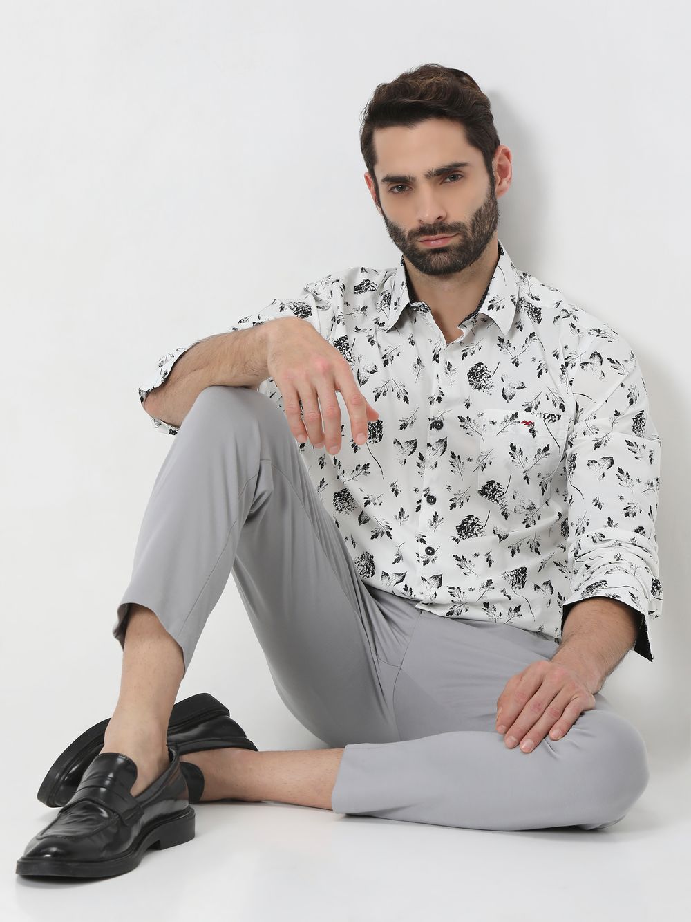 White & Black Floral Print Slim Fit Casual Shirt