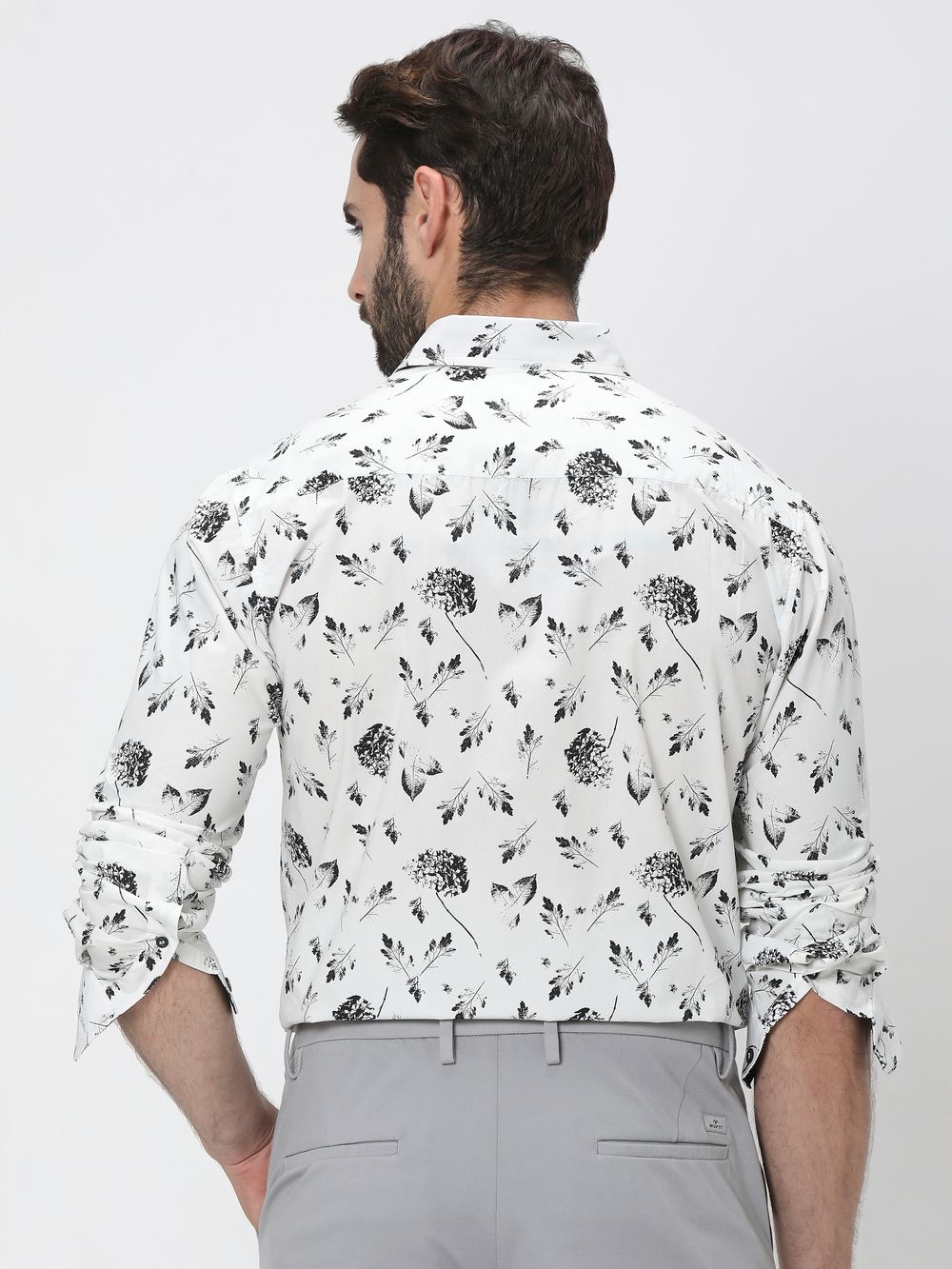 White & Black Floral Print Slim Fit Casual Shirt