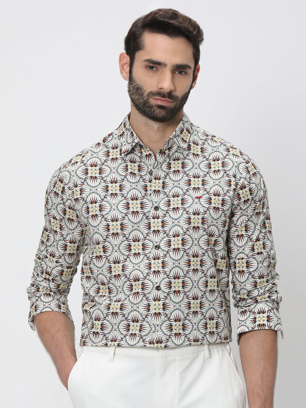 Beige & Multi Digital Print Slim Fit Casual Shirt