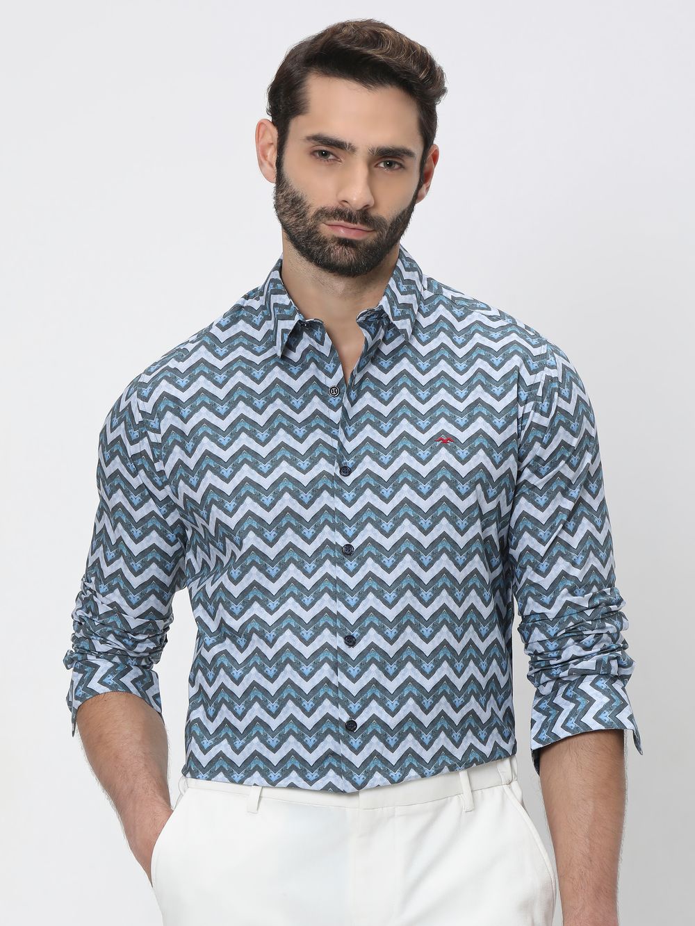 Blue & Grey Digital Print Slim Fit Casual Shirt