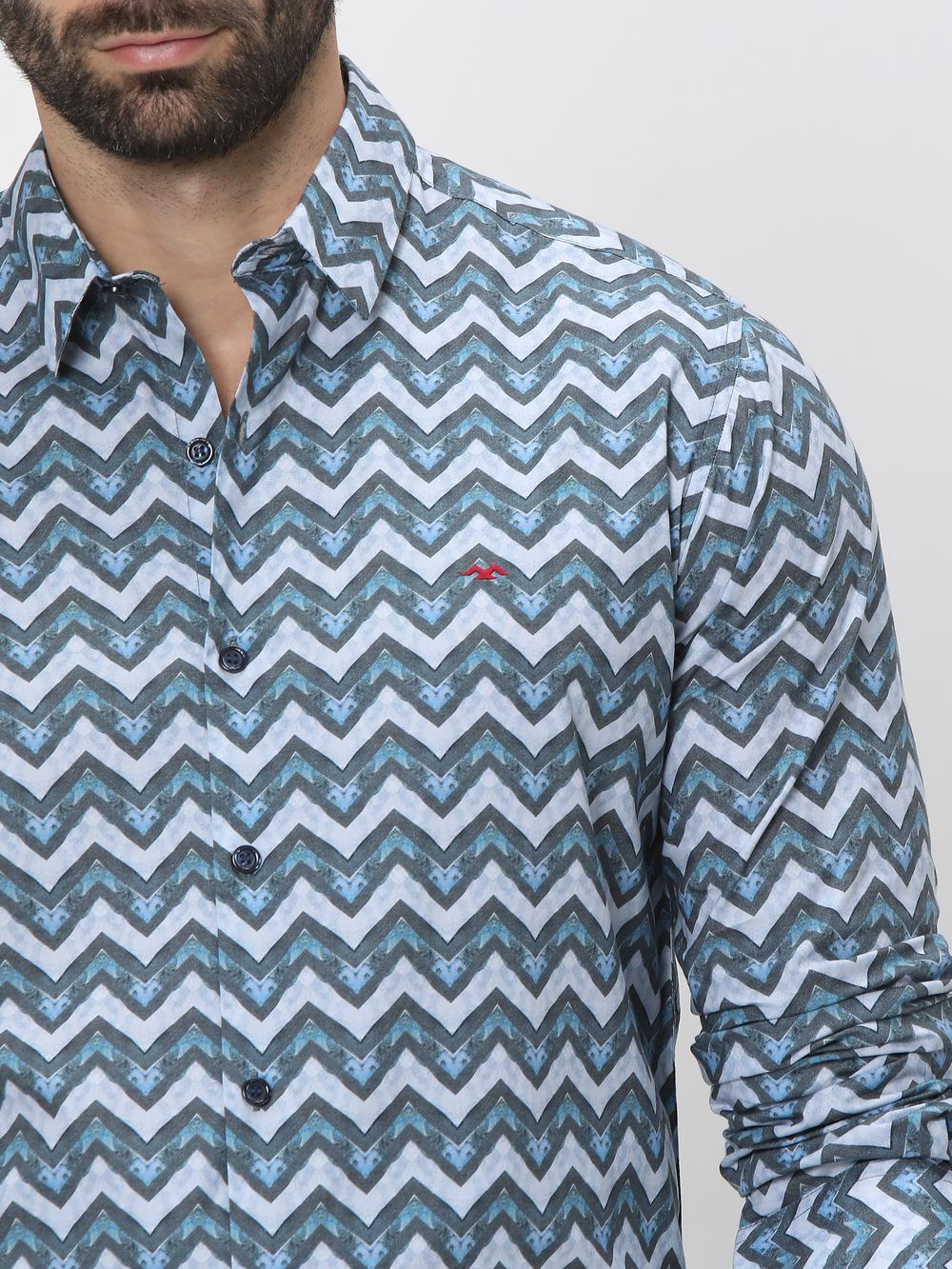 Blue & Grey Digital Print Slim Fit Casual Shirt