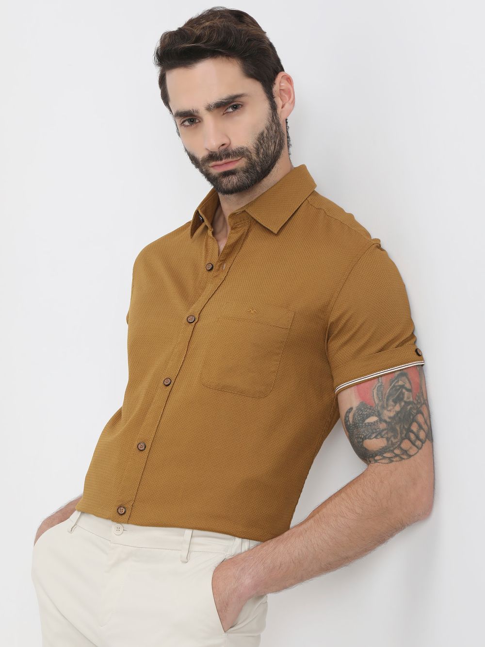 Mustard Textured Plain Shirt