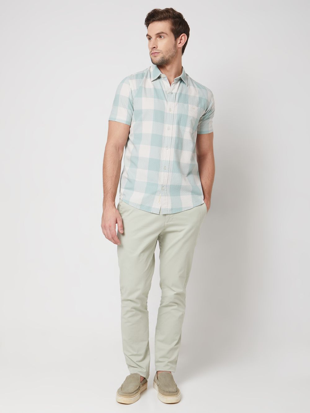 Light Green Textured Check Slim Fit Casual Shirt