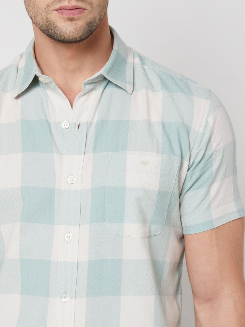 Light Green Textured Check Slim Fit Casual Shirt