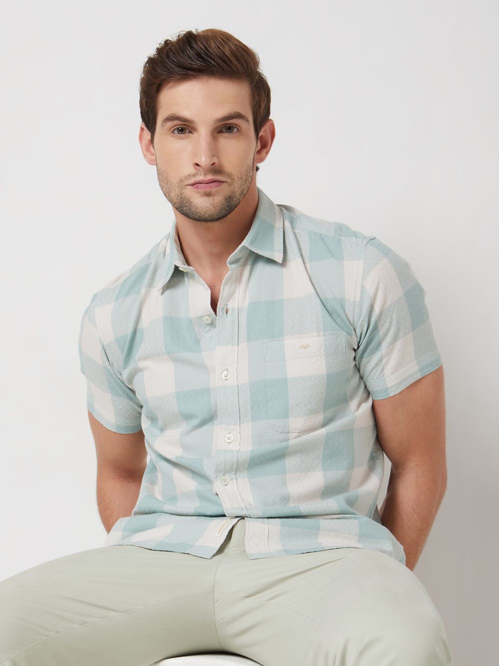 Light Green Textured Check Slim Fit Casual Shirt