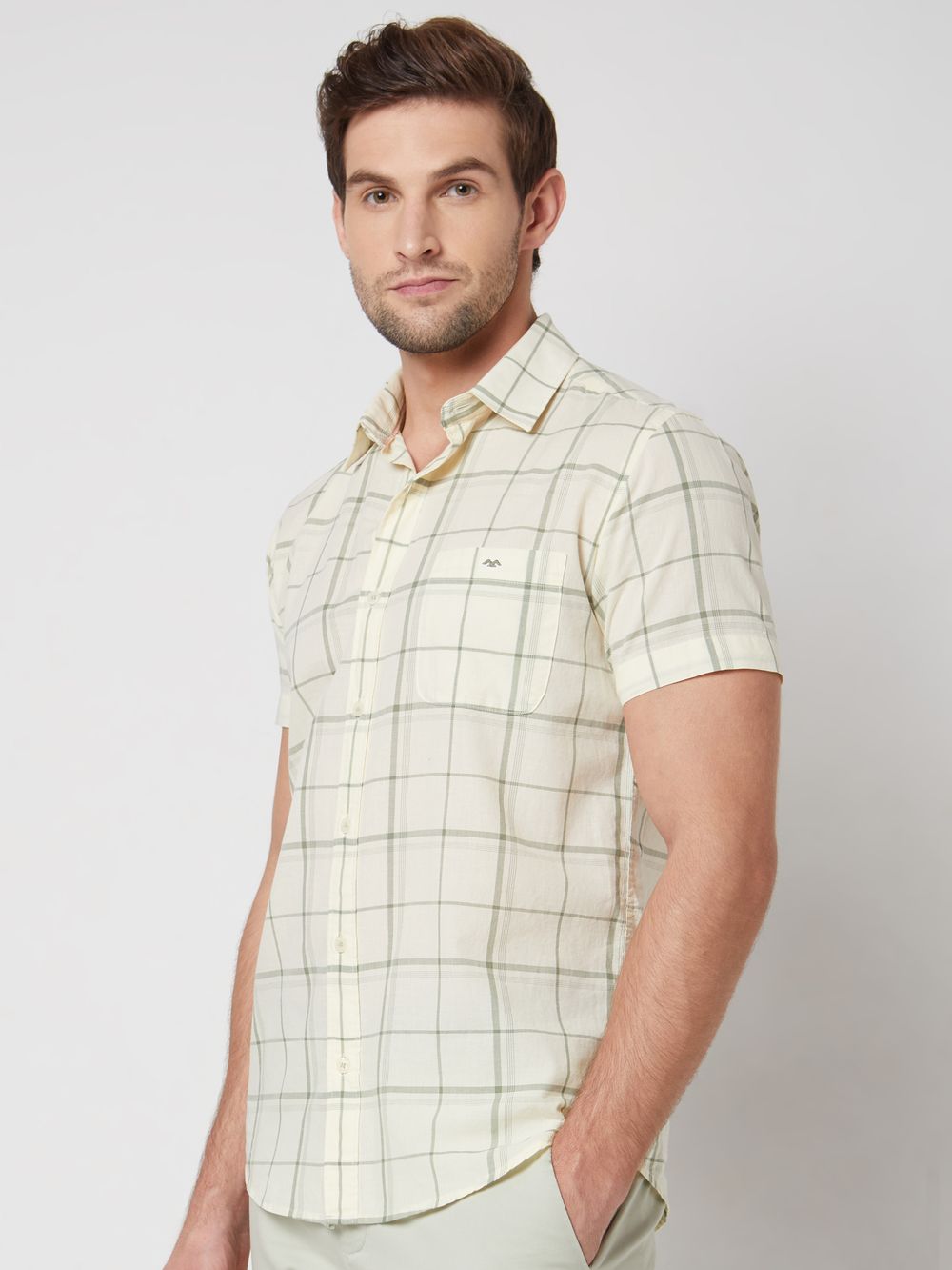 Light Green Windowpane Check Slim Fit Casual Shirt