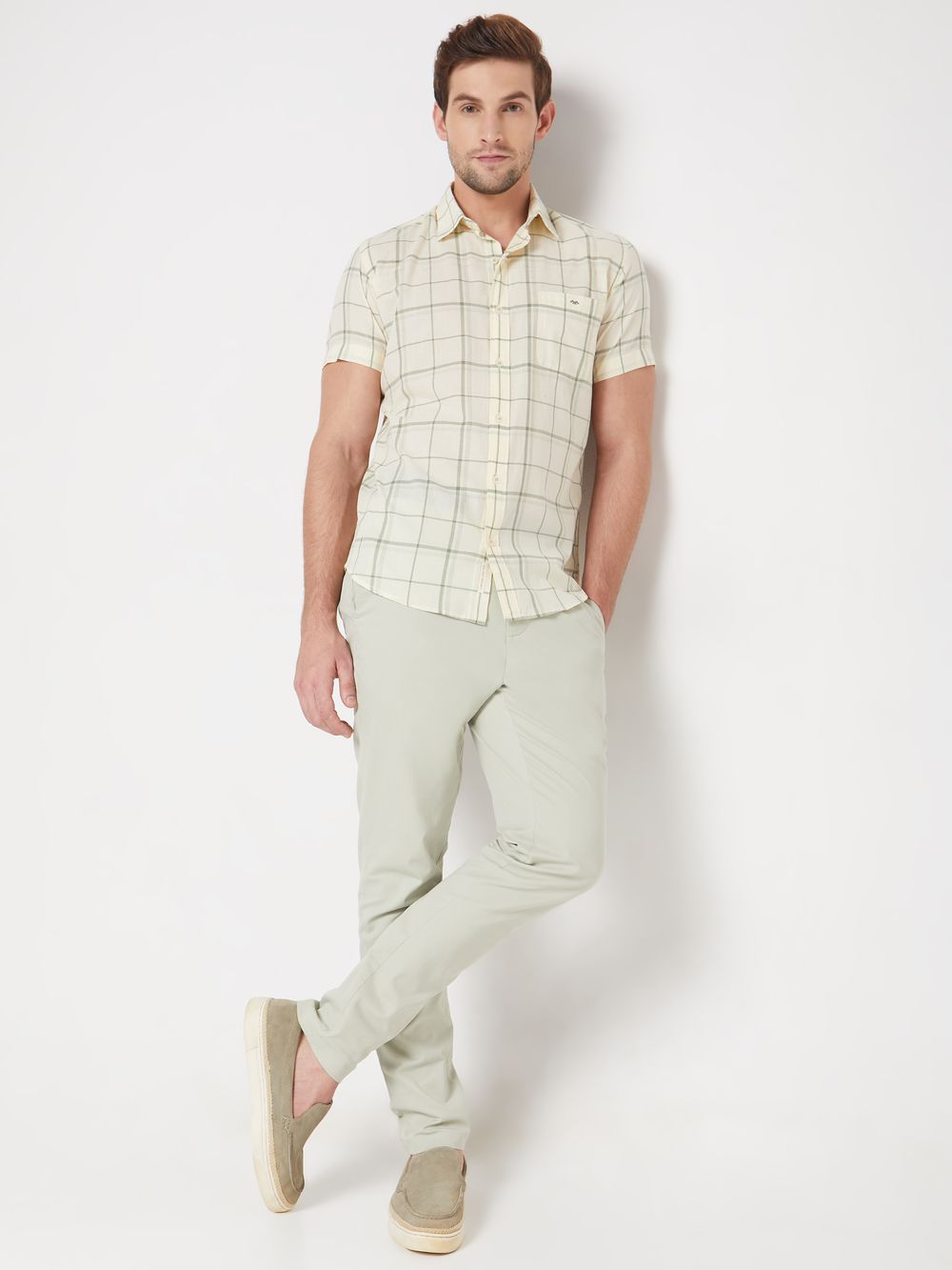 Light Green Windowpane Check Slim Fit Casual Shirt