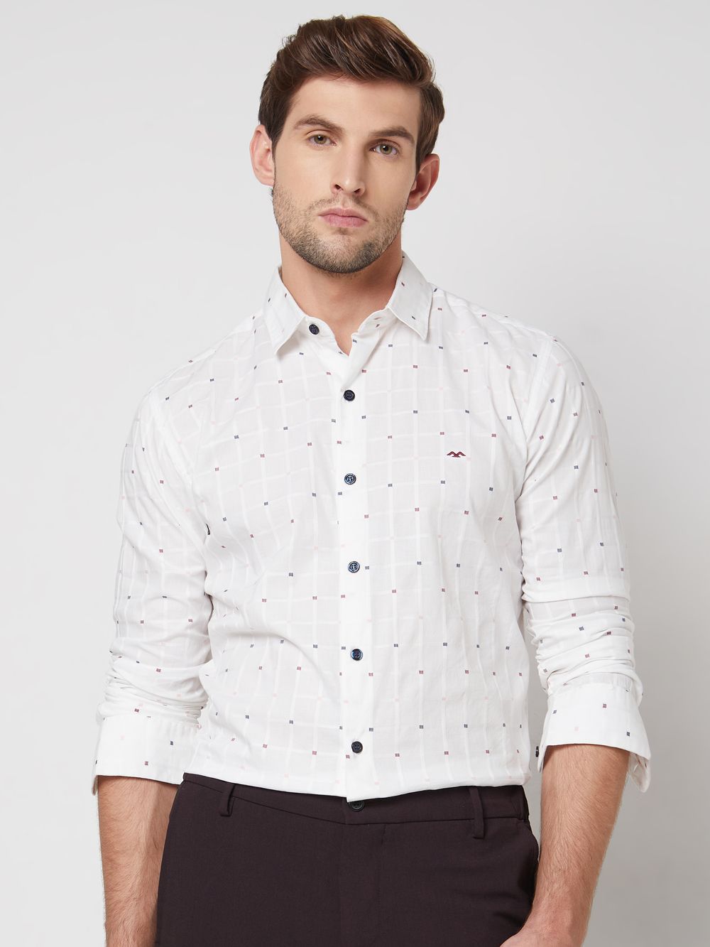 White Textured Check Slim Fit Casual Shirt