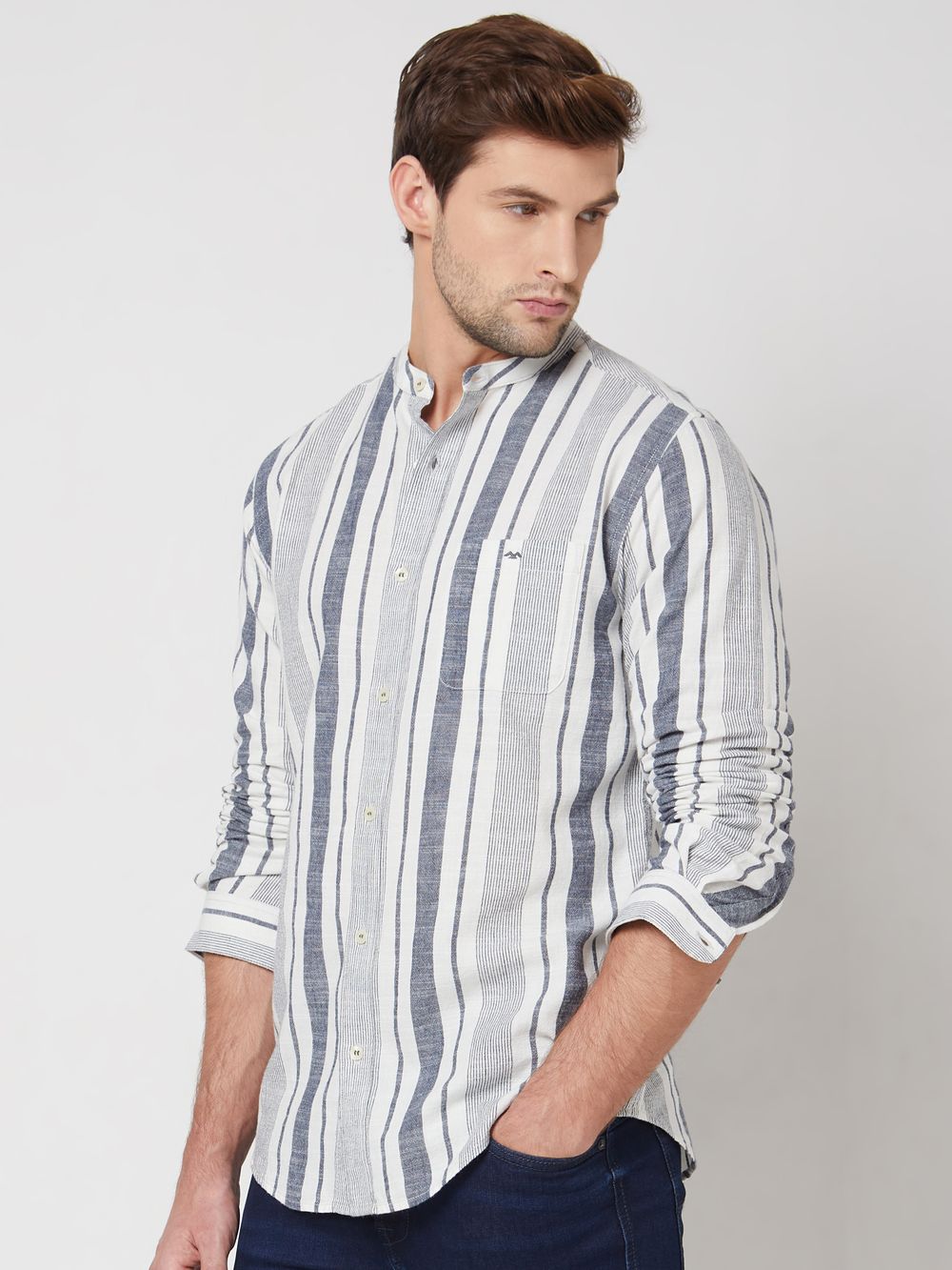 Navy & White Broad Stripe Slim Fit Casual Shirt