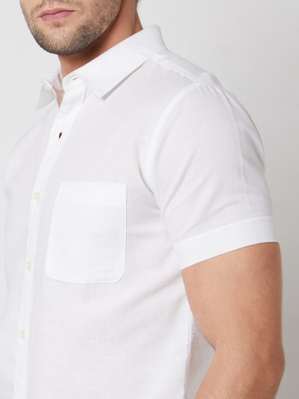 White Cotton Linen Plain Slim Fit Casual Shirt