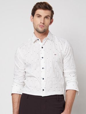 White Textured Check Slim Fit Casual Shirt
