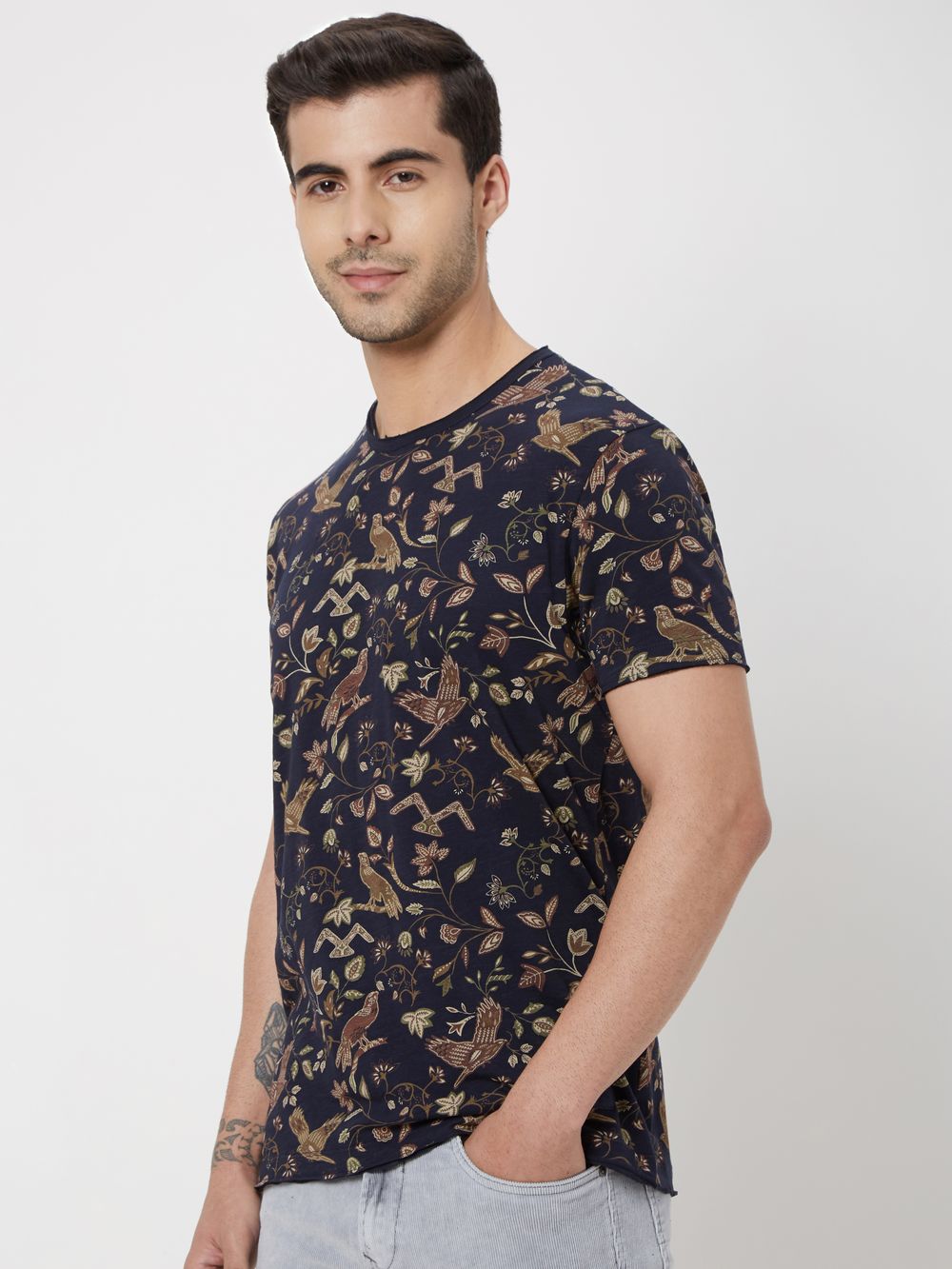 Navy & Khaki Floral Print Slub Jersey T-Shirt