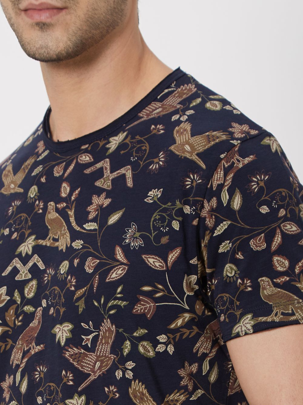 Navy & Khaki Floral Print Slub Jersey T-Shirt