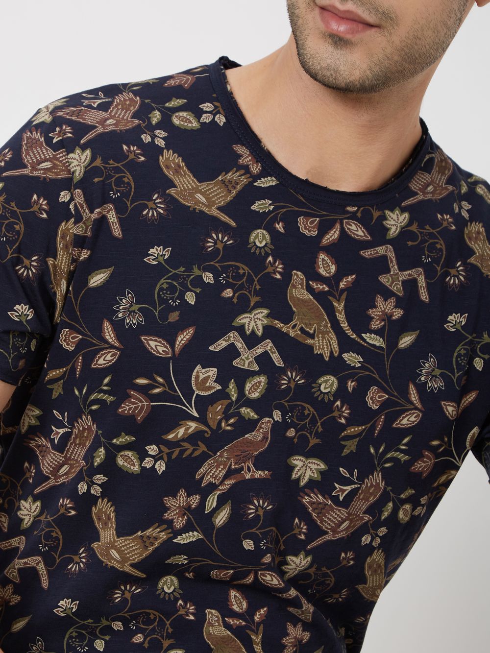 Navy & Khaki Floral Print Slub Jersey T-Shirt