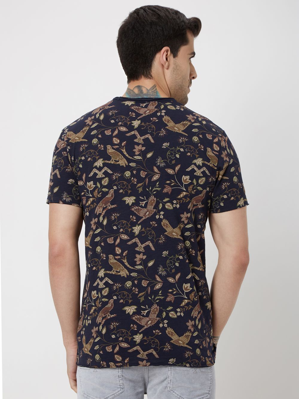 Navy & Khaki Floral Print Slub Jersey T-Shirt