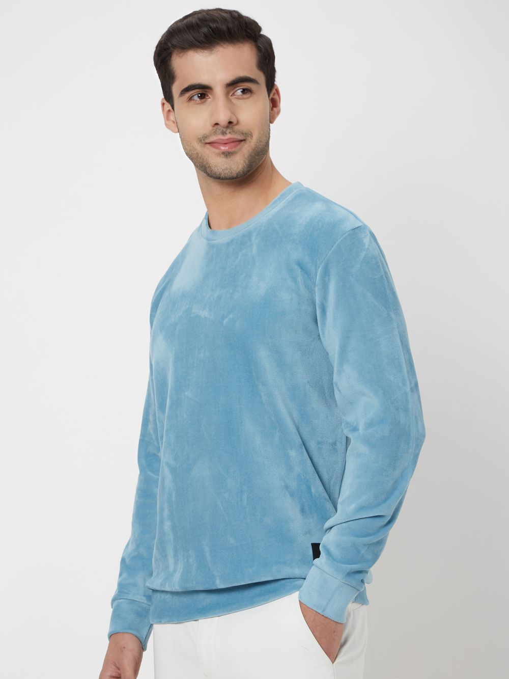 Blue Slim Fit Velvet Sweatshirt