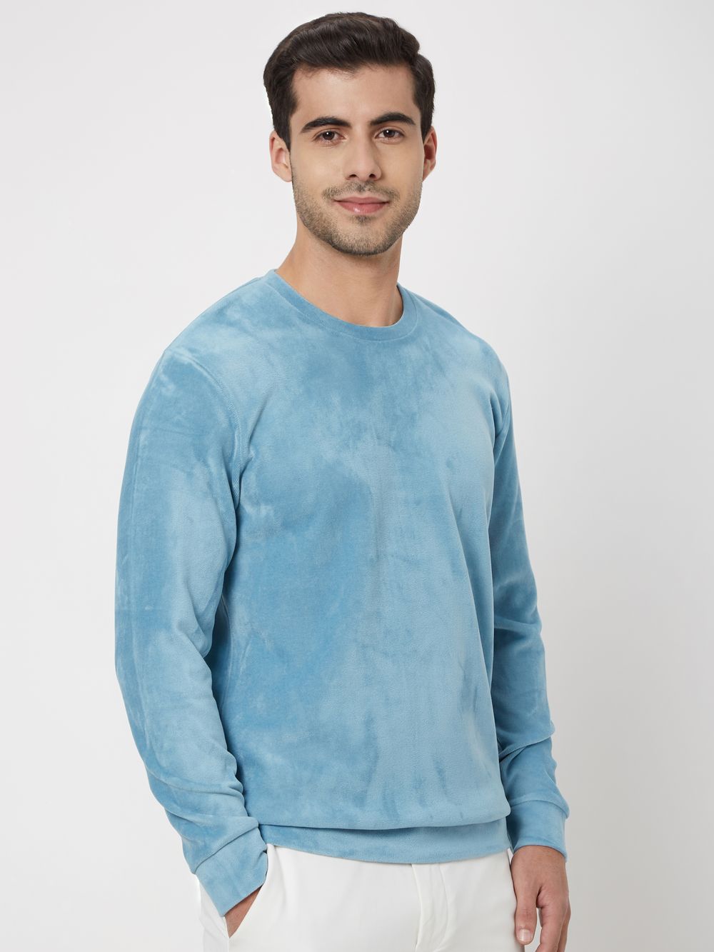 Blue Slim Fit Velvet Sweatshirt