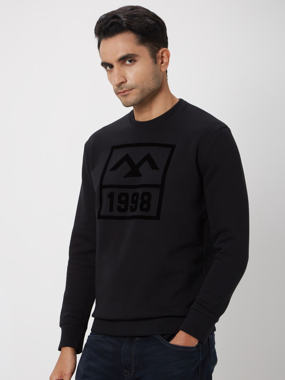 Black Flock Print Knitted Fleece Sweatshirt