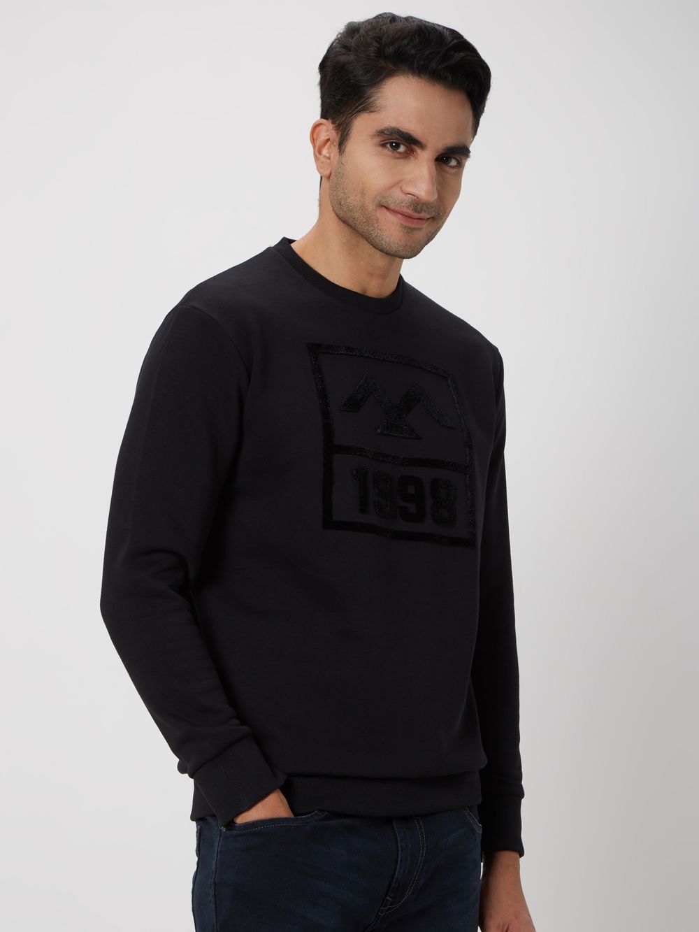 Black Flock Print Knitted Fleece Sweatshirt