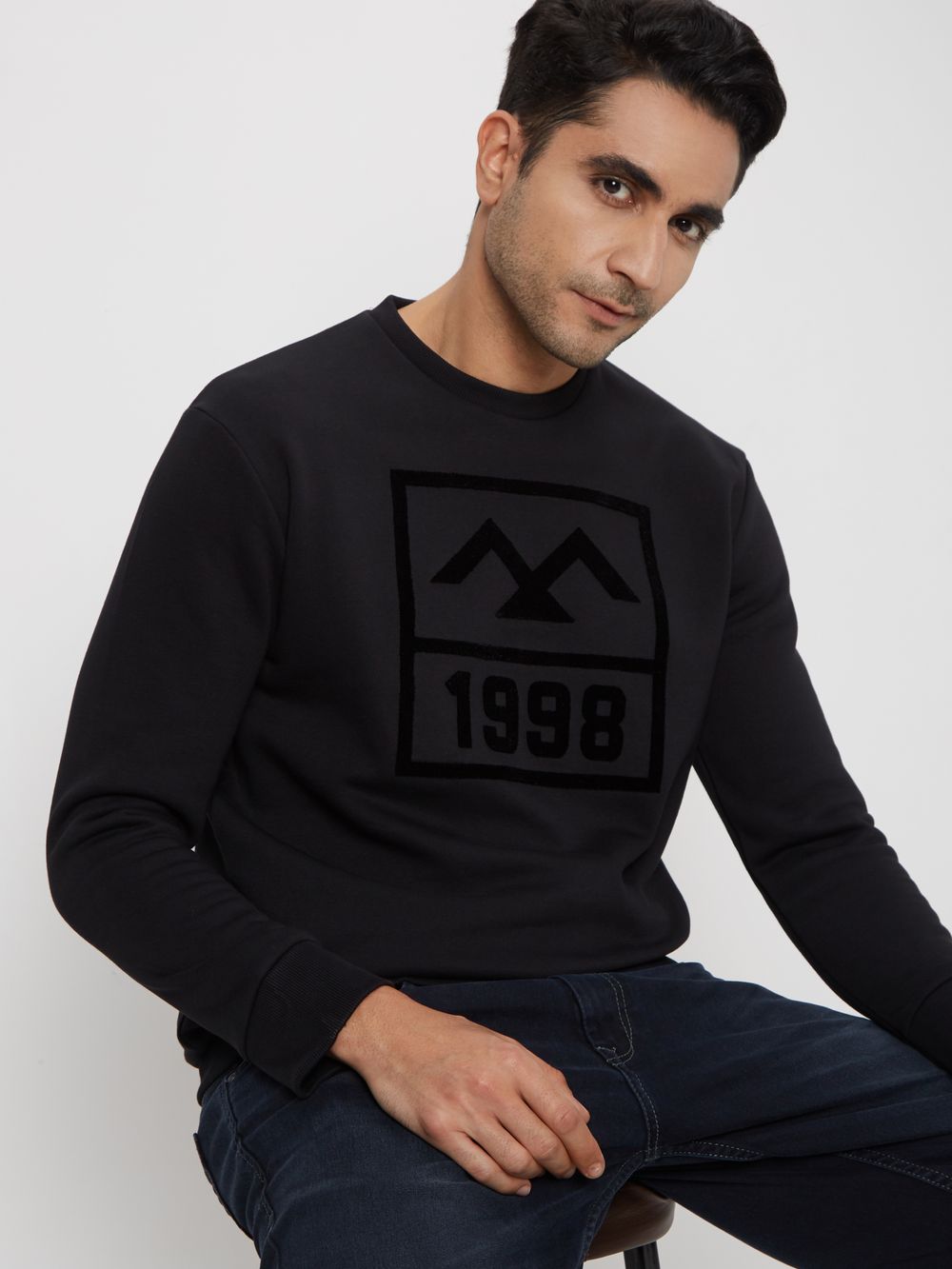 Black Flock Print Knitted Fleece Sweatshirt