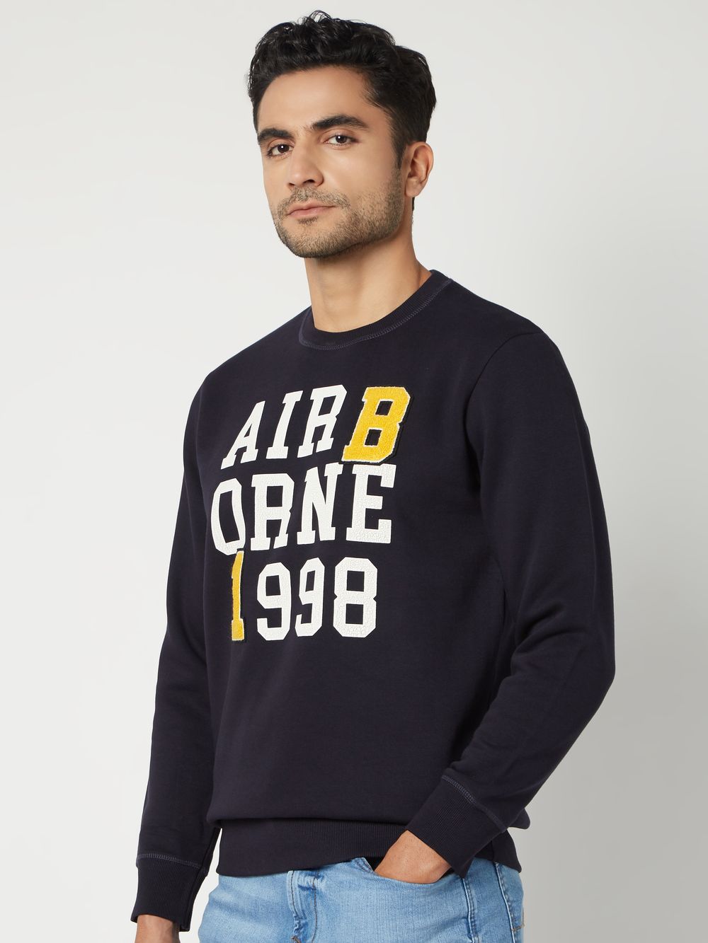 Navy & Yellow Plain Knitted Fleece Sweatshirt