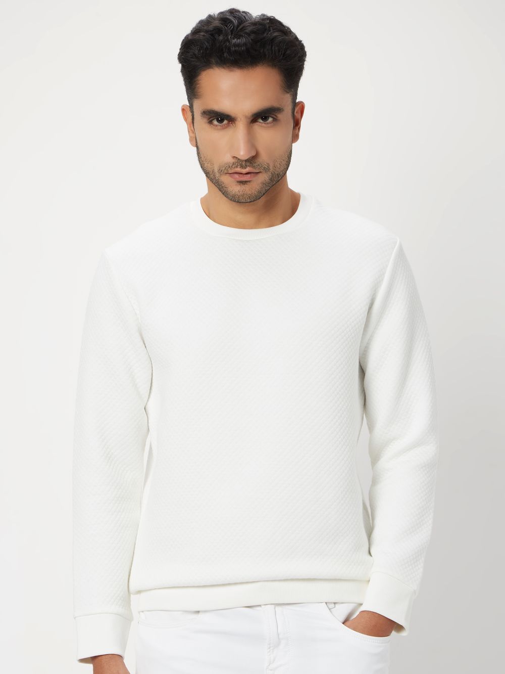 White Textured Jacquard Sweatshirt