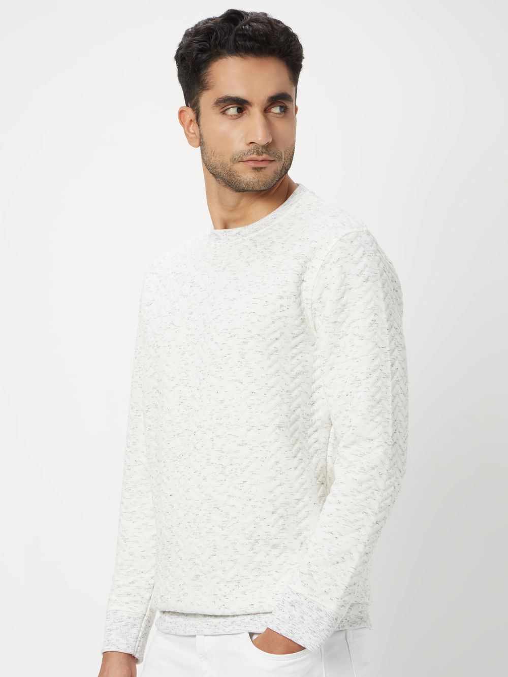 White Textured Jacquard Slim Fit Sweatshirt