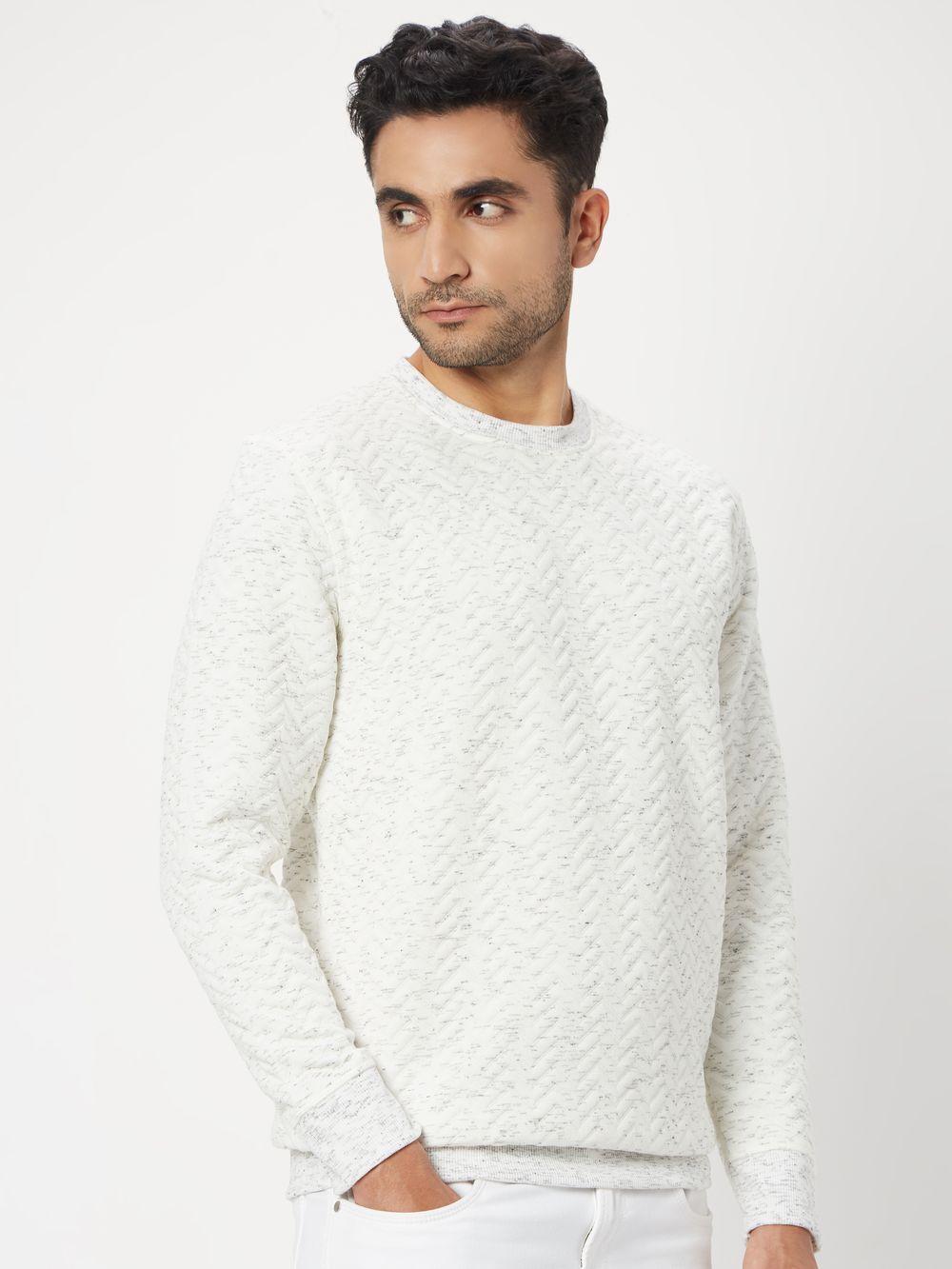 White Textured Jacquard Slim Fit Sweatshirt
