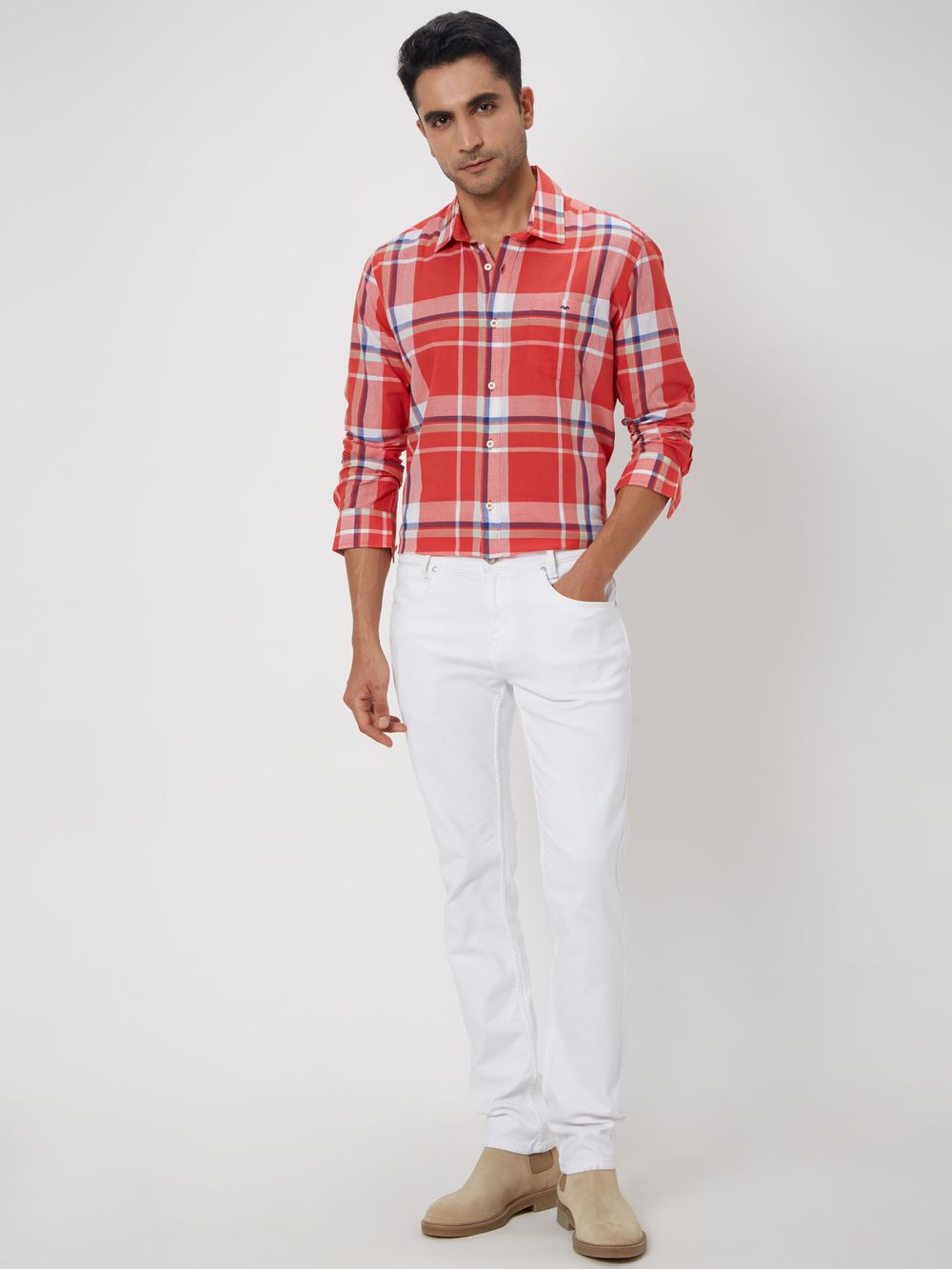 Red & White Madras Check Slim Fit Casual Shirt