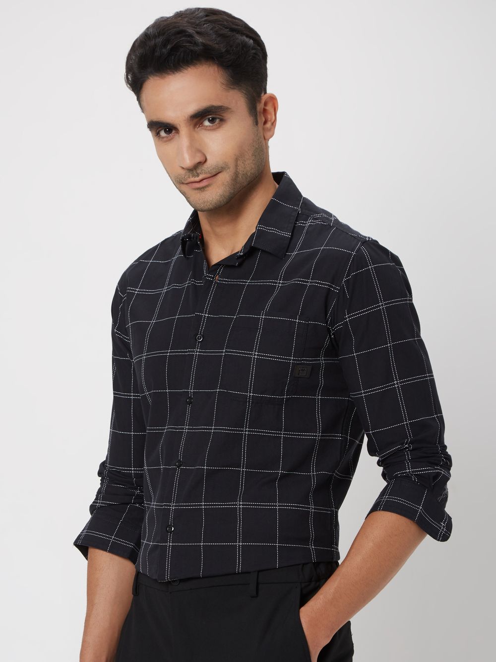 Black & White Stitch Check Slim Fit Casual Shirt