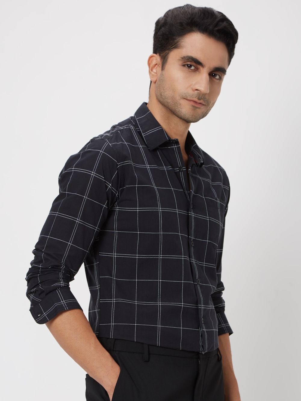 Black & White Stitch Check Slim Fit Casual Shirt