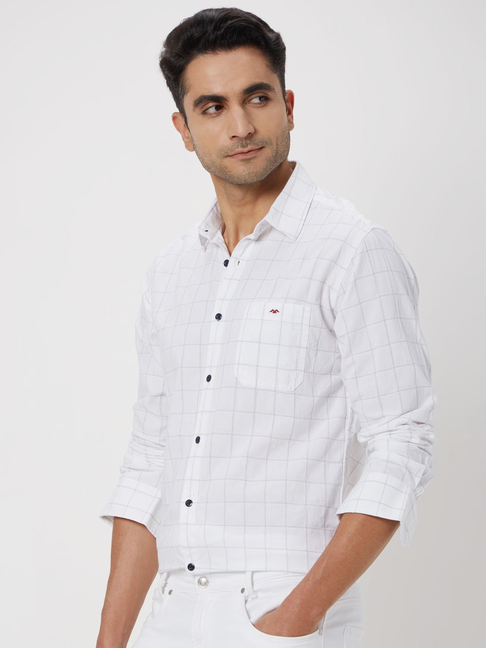 White & Black Windowpane Check Slim Fit Casual Shirt