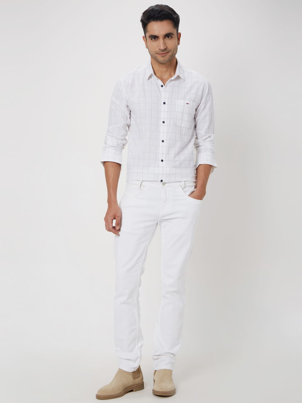 White & Black Windowpane Check Slim Fit Casual Shirt