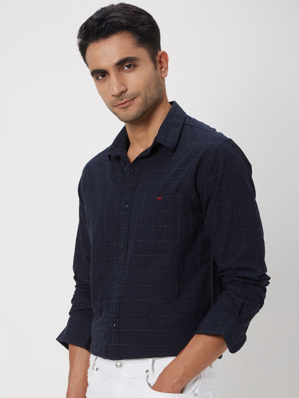 Navy & White Windowpane Check Slim Fit Casual Shirt