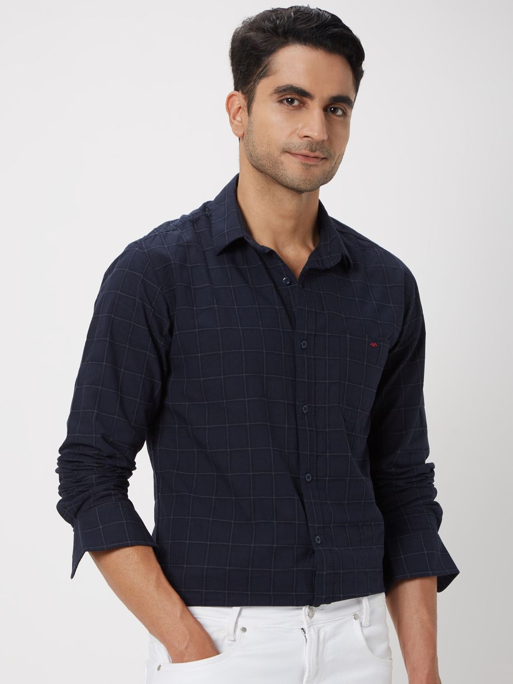 Navy & White Windowpane Check Slim Fit Casual Shirt