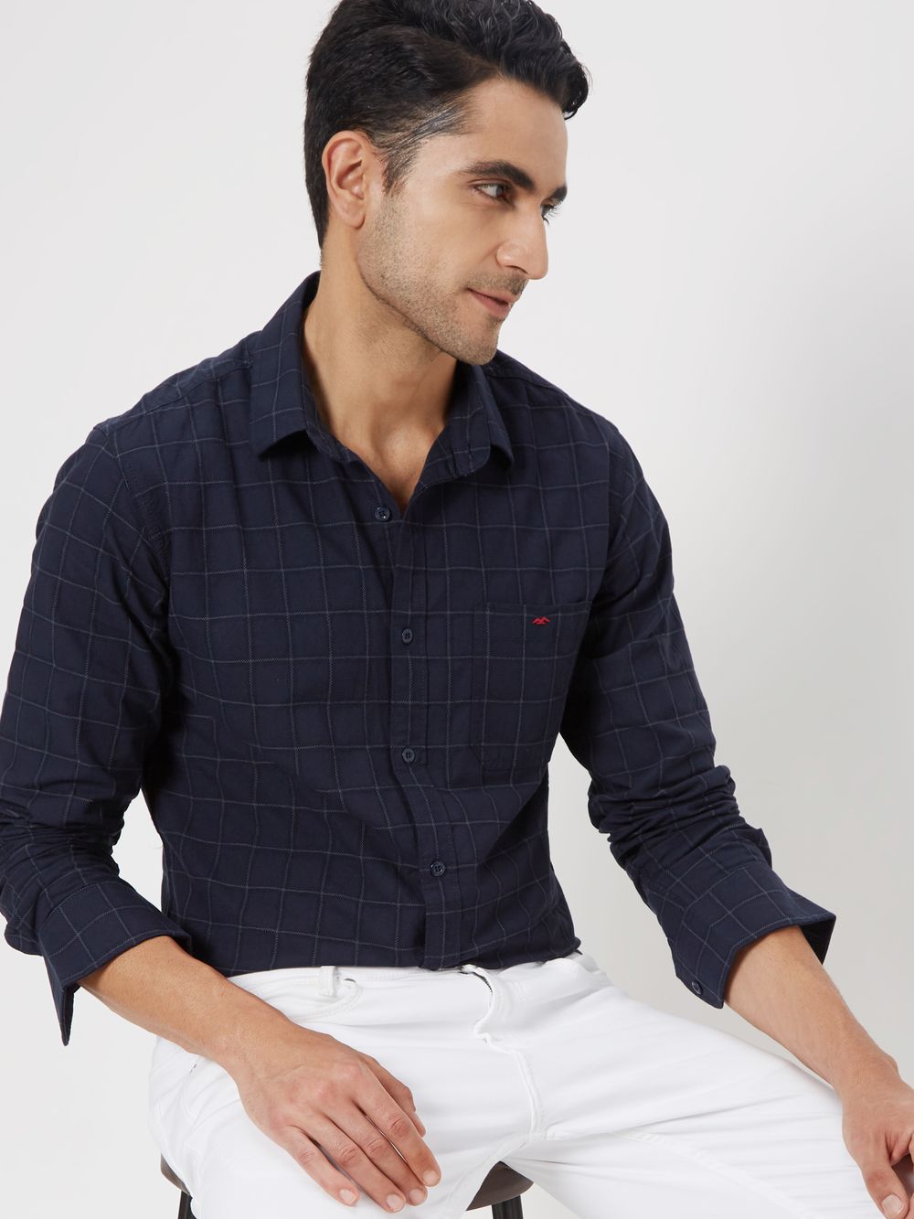 Navy & White Windowpane Check Slim Fit Casual Shirt