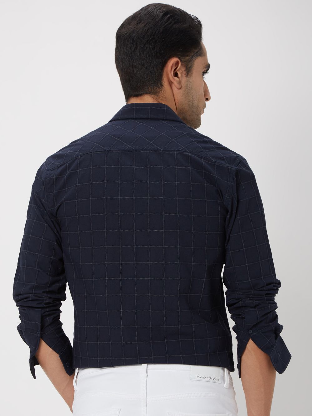 Navy & White Windowpane Check Slim Fit Casual Shirt