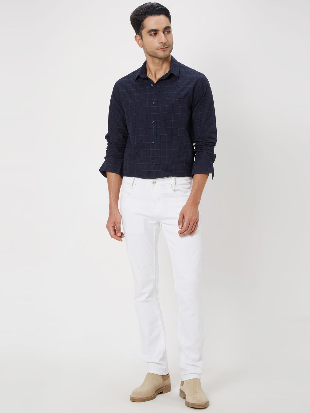 Navy & White Windowpane Check Slim Fit Casual Shirt