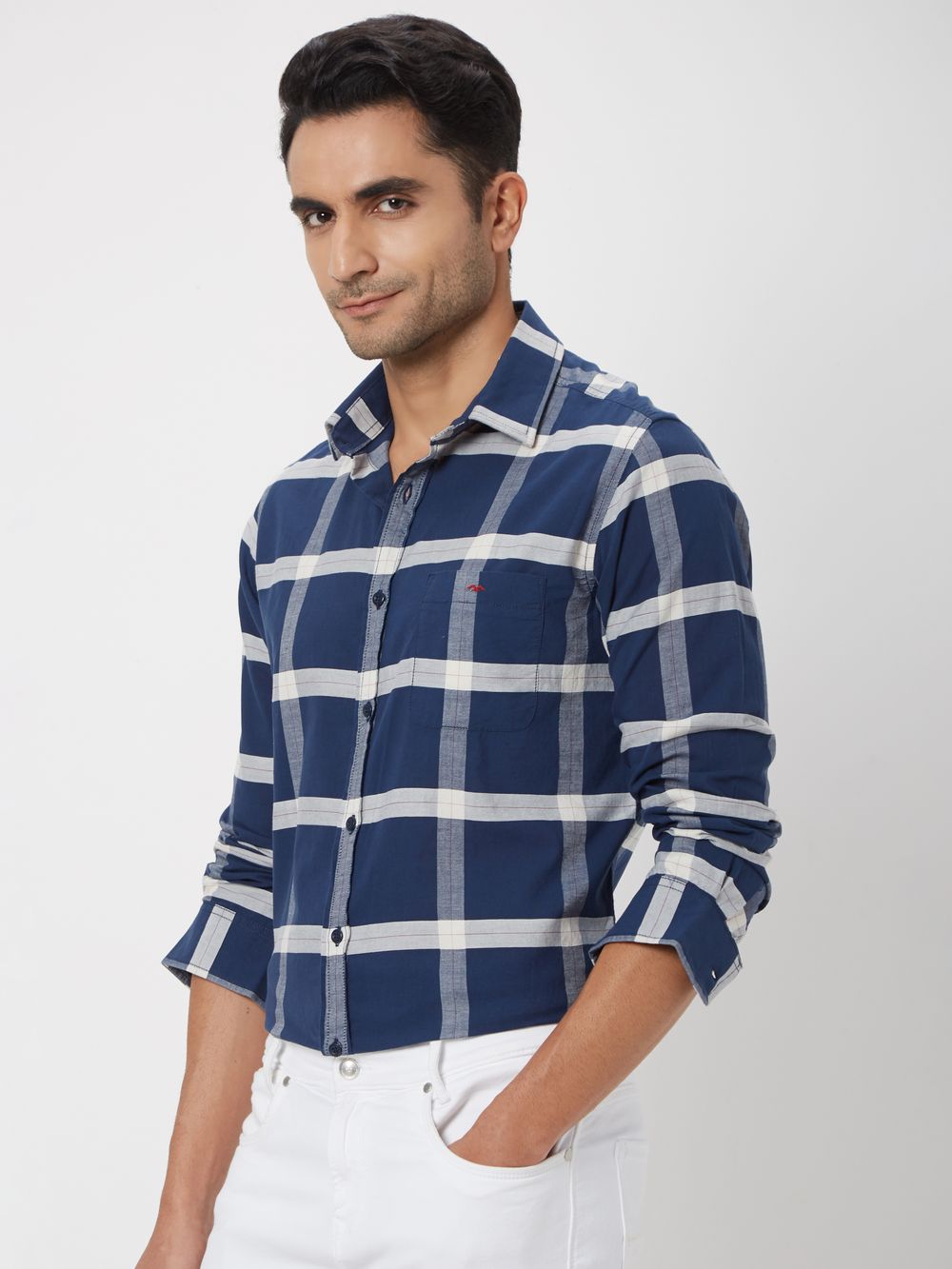 Navy & White Windowpane Check Slim Fit Casual Shirt