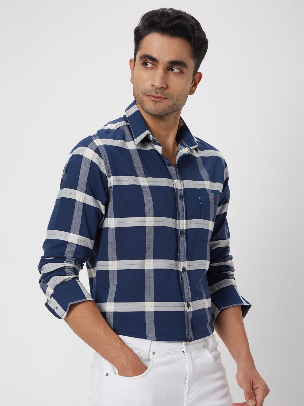 Navy & White Windowpane Check Slim Fit Casual Shirt