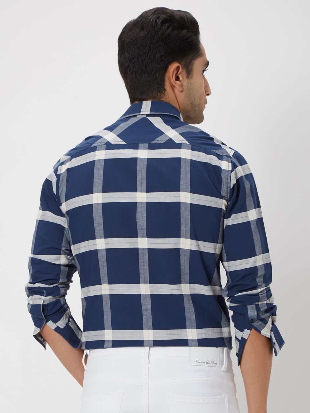 Navy & White Windowpane Check Slim Fit Casual Shirt