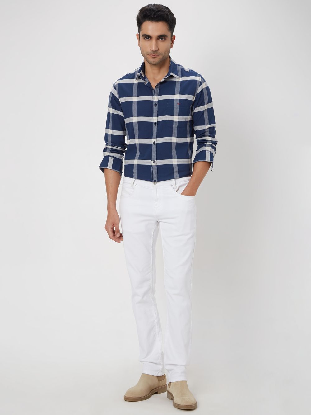 Navy & White Windowpane Check Slim Fit Casual Shirt