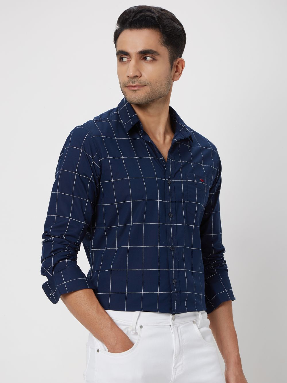 Navy & White Printed Check Slim Fit Casual Shirt