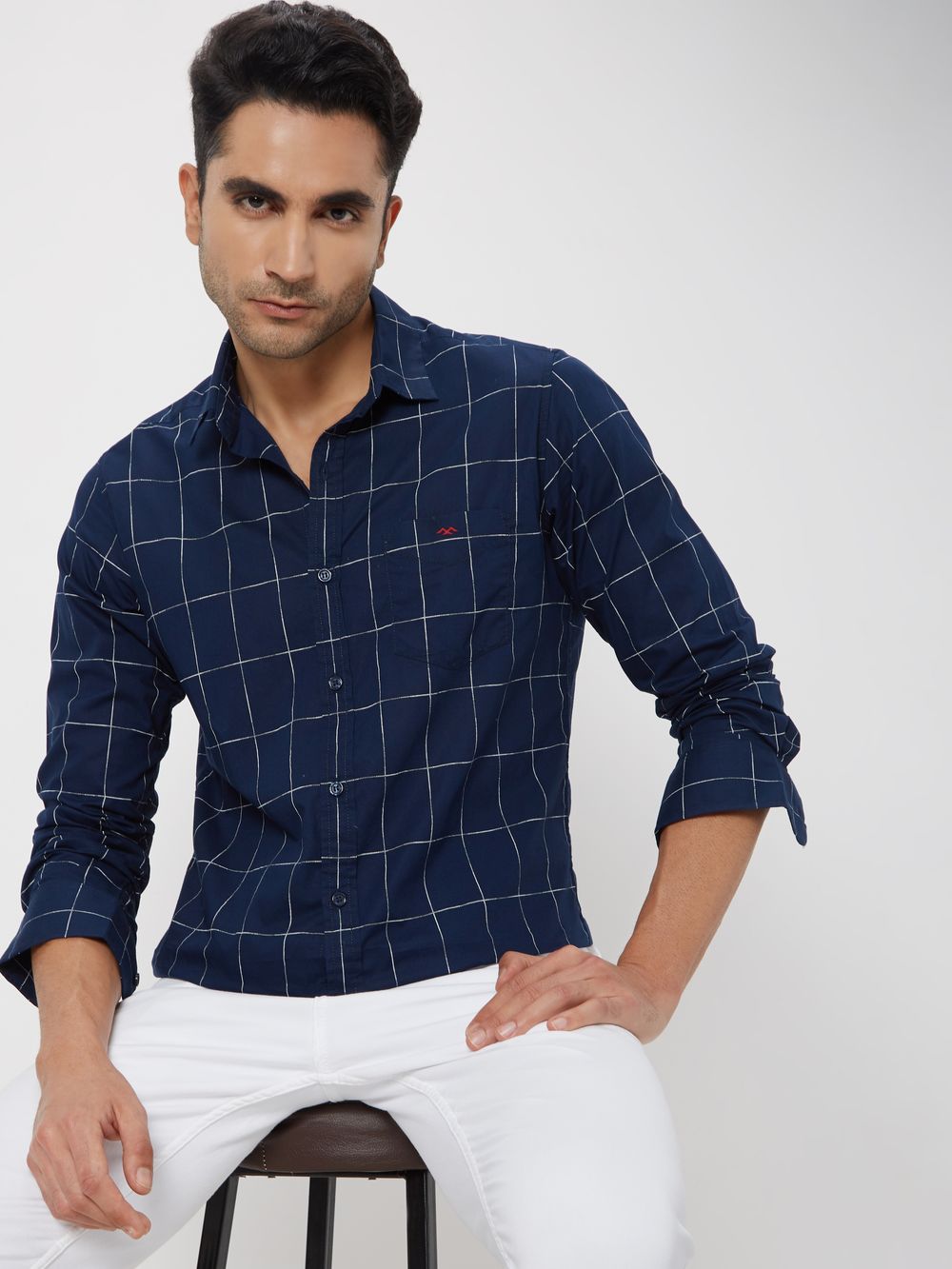 Navy & White Printed Check Slim Fit Casual Shirt