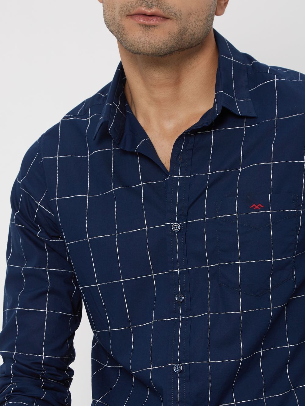 Navy & White Printed Check Slim Fit Casual Shirt