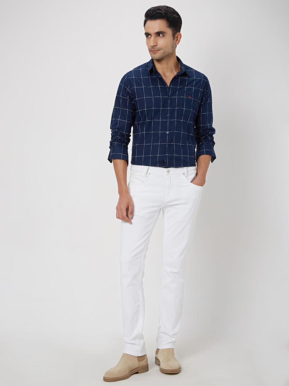 Navy & White Printed Check Slim Fit Casual Shirt