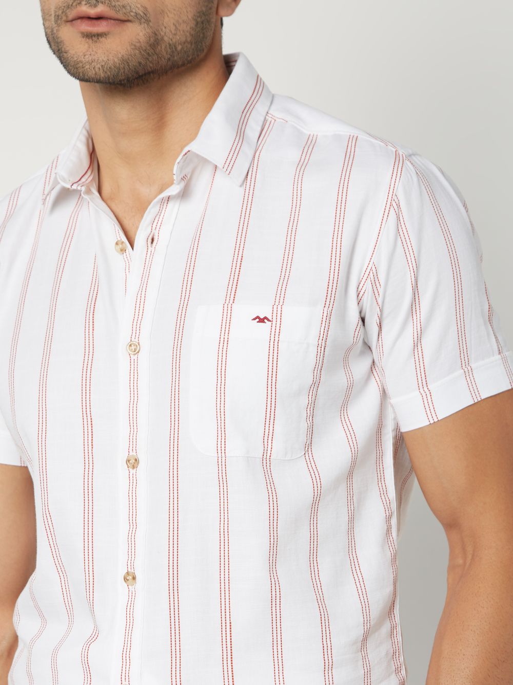 Red & White Printed Stripe Slim Fit Casual Shirt