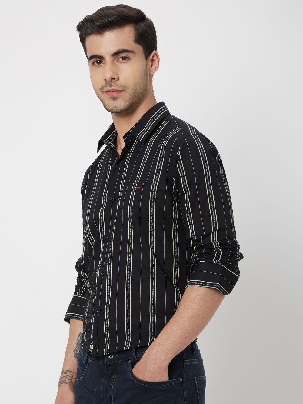 Black & Light Yellow Printed Stripe Slim Fit Casual Shirt