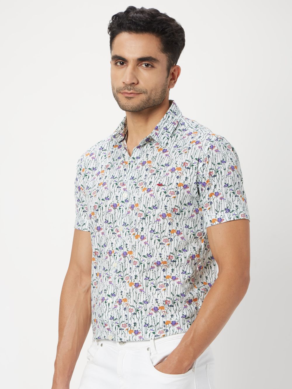 White & Multi Floral Print Slim Fit Casual Shirt